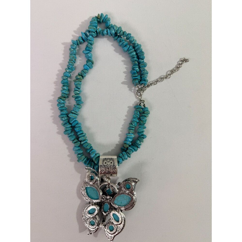 Turquoise Color Butterfly Statement Necklace Multi Strand Beaded Silver Tone
